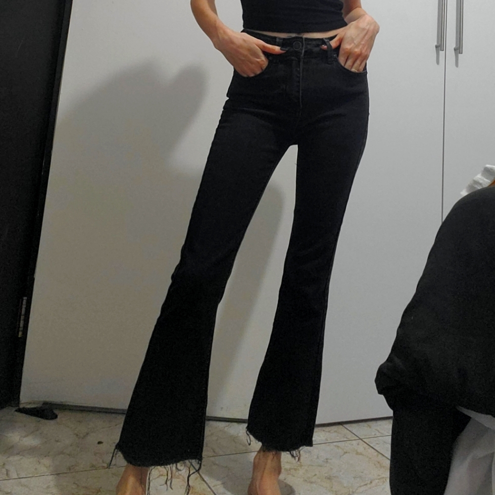 Black flared crop high waist pants ankle grazer